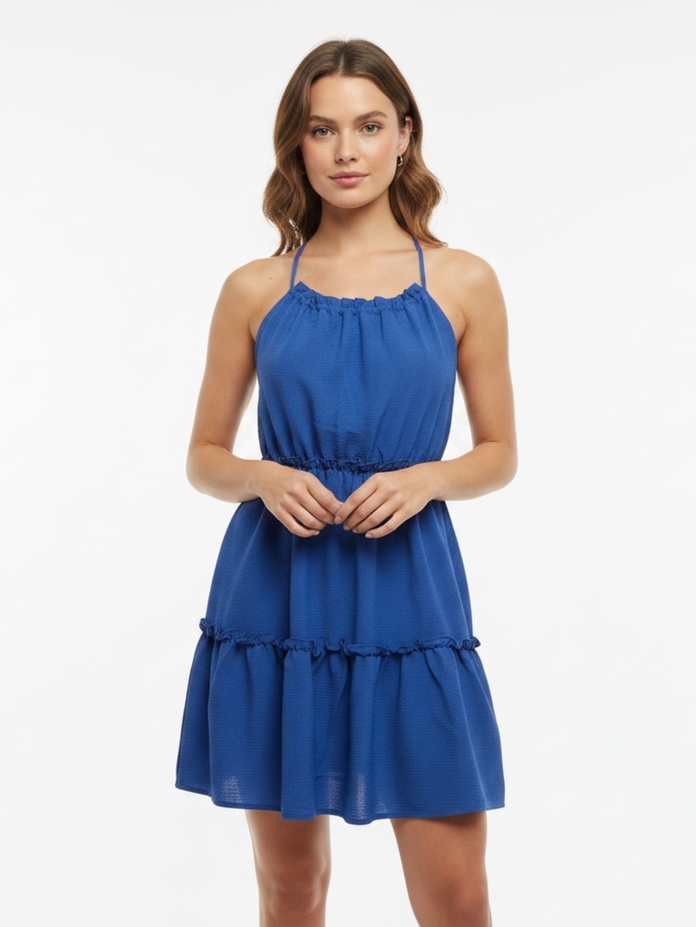 Le Lis Hannah Royal Blue Halter Tiered Ruffle Mini Dress